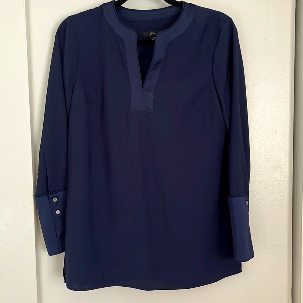 Navy blue tunic blouse, silky fabric,  J crew size xs